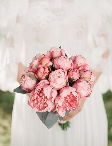 Miniatura 5 de 2 ramos de peonías artificiales, 14 cabezas, flores artificiales de seda con tallos para decoración de bodas, ramo de novia, manualidades, arreglos