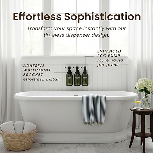 Miniatura 5 de MaisoNovo Dispensador de champú y acondicionador, dispensador de jabón de ducha montado en la pared, juego de 3 botellas de plástico verde de 16.9