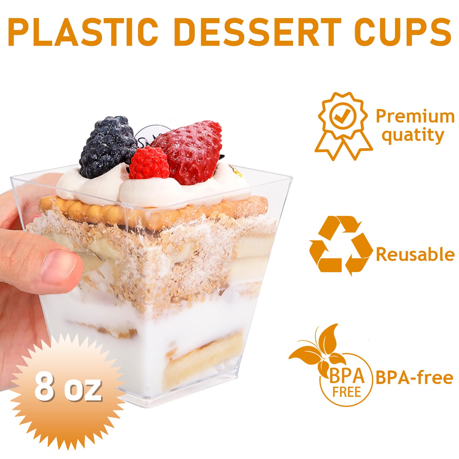 supernal 8oz Square Plastic Dessert Cups,Disposable Plastic Cups,Clear Dessert Cups 100pcs,Plastic Parfait Appetizer Cups Perfect for Birthday,Party,Wedding, RC315-1