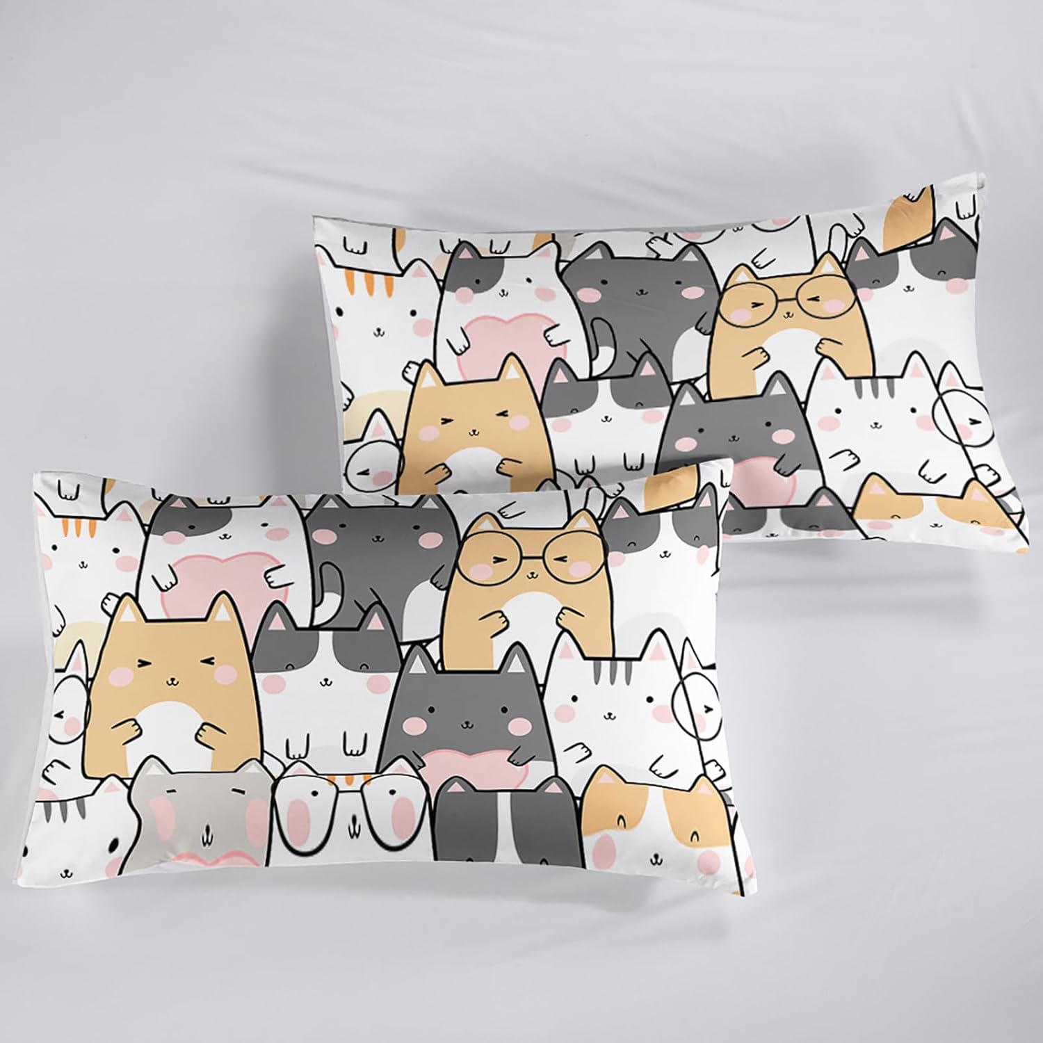 QOOMO Kawaii Kids Sheets Twin Size,Kawaii Cat 16" Deep Pocket Bed Sheet Set,Cartoon Cat Printed Bedroom Decor Sheet Set Soft and Breathable for Boys/Girls/Kids/Teens,Twin Size