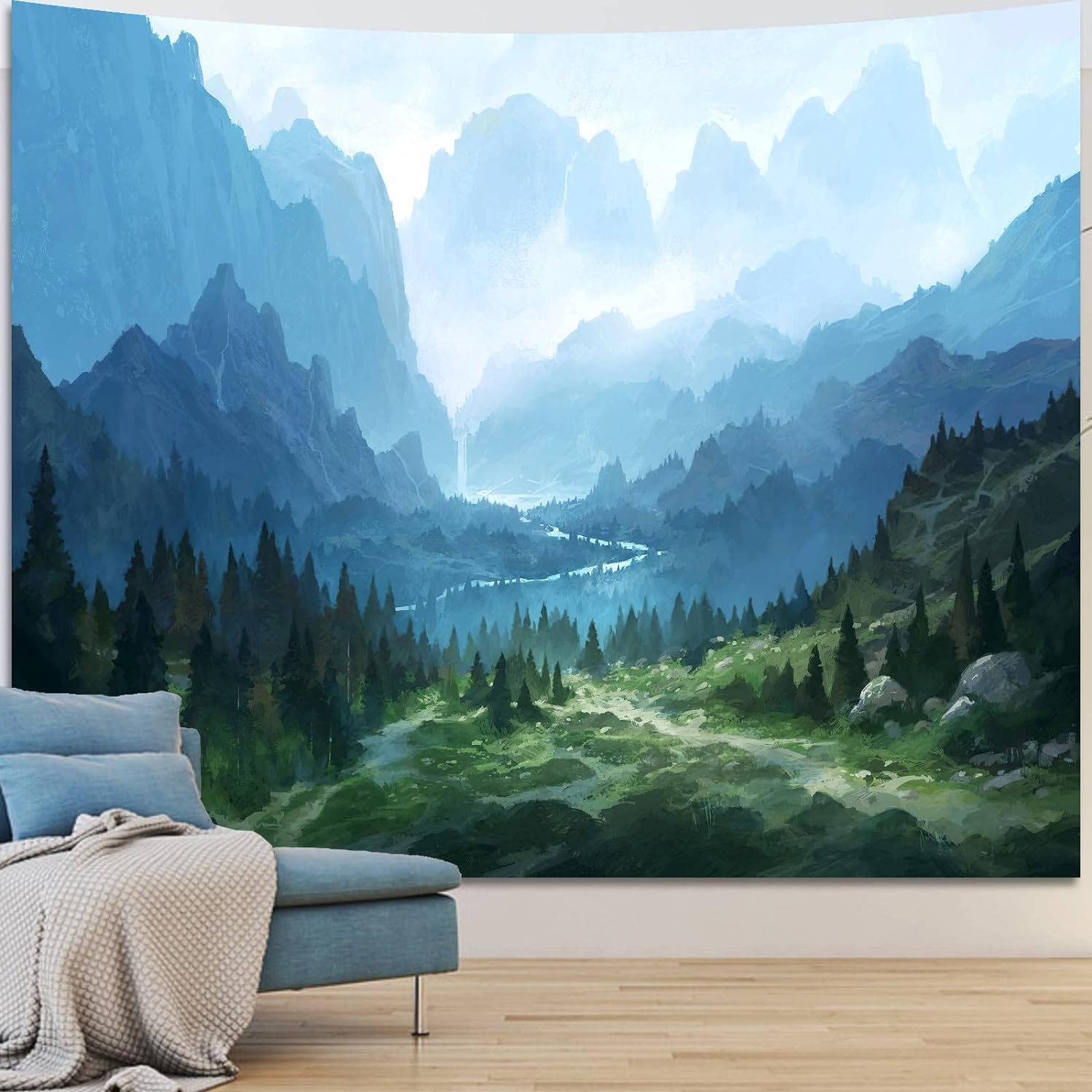 FENDROM Forest Tapestry for Bedroom Aesthetic Nature Foggy Mountain Tree Wall Tapestry Landscape Backdrop Green Woodland Scenery Wall Hanging for Living Room Ceiling Decor — image 1