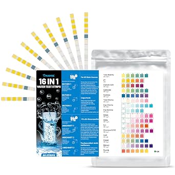 ausyde 50-Pack 16-in-1 Water Test Strips for Drinking Water - Measure Water Hardness, Free Chlorine, Iron, Copper, Lead, Nitrate Content and More