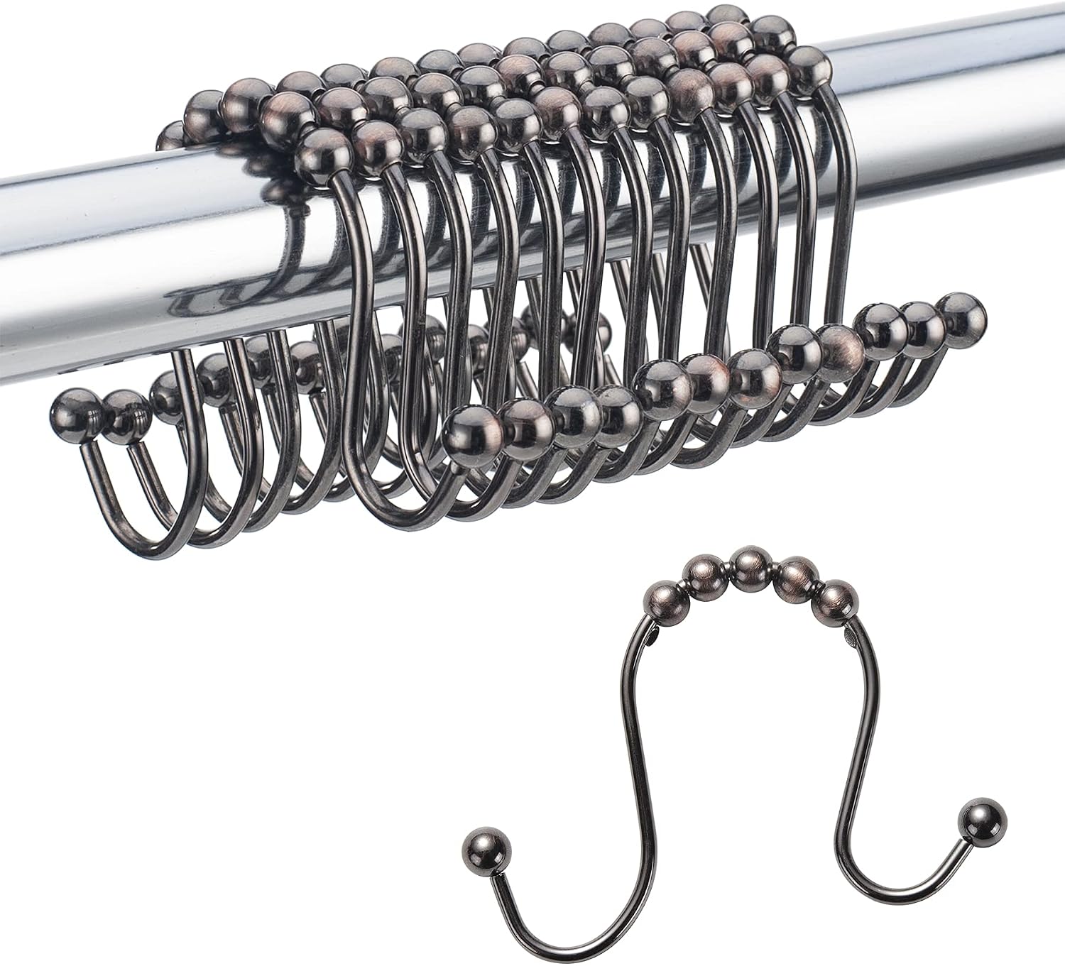 Amazer Shower Curtain Hooks Double Shower Curtain Rings Stainless Steel Rust-Resistant Double Glide Shower Hook Rings for Bathroom Shower Rod Curtains, Set of 12, Bronze- Close to The Gunmetal Color