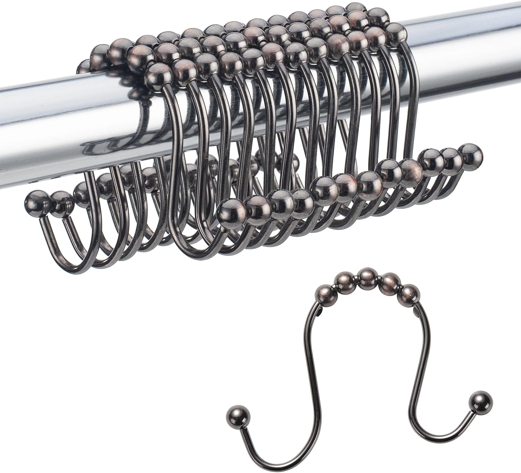 Amazer Shower Curtain Hooks Double Shower Curtain Rings Stainless Steel Rust-Resistant Double Glide Shower Hook Rings for Bathroom Shower Rod Curtains, Set of 12, Bronze- Close to The Gunmetal Color