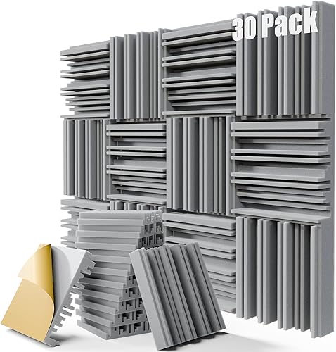 Miniatura 10 de ZELMINE Paquete de 24 paneles de espuma autoadhesivos a prueba de sonido, paneles acústicos de 12 x 12 x 2 pulgadas con alta densidad, paneles