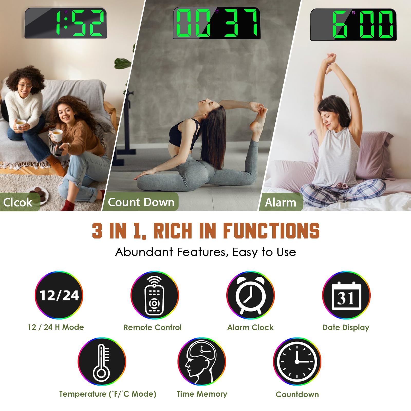 Shinkuro Digitale wandklok met afstandsbediening, 16 inch (40,6 cm) digitale klok met datum en weektemperatuur, timer, automatische zomertijd 12/24 HR, dubbel alarm, automatische dimming, 8