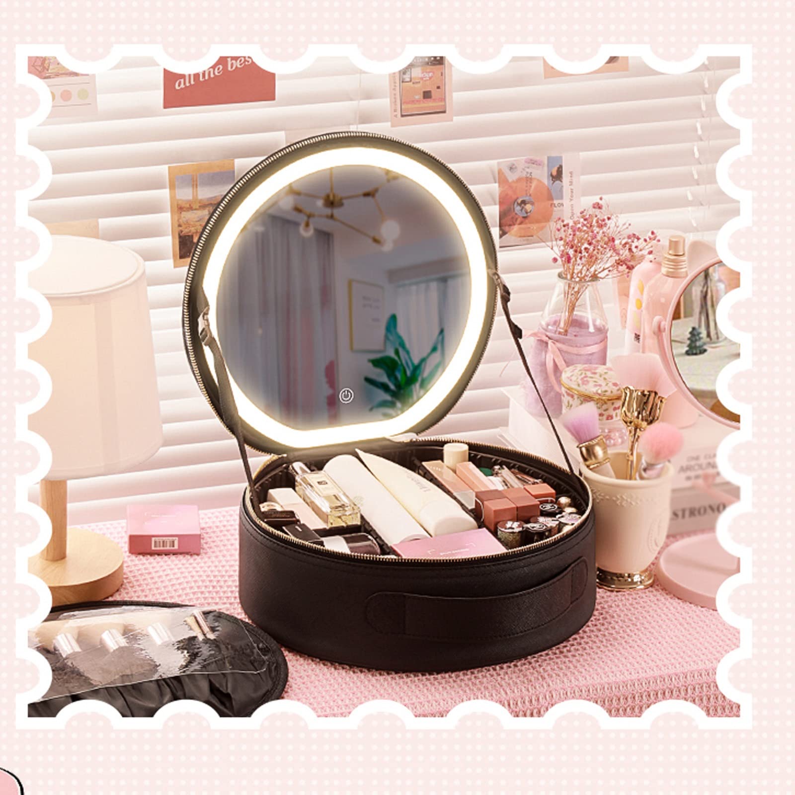 HJXGQJM Valigia Trucchi Cofanetto Makeup Beauty Case da Viaggio Organizzatore per Cosmetici con Specchio, con Luce LED Rotondo Nero Valigia da Trucco Professionale(Pink)