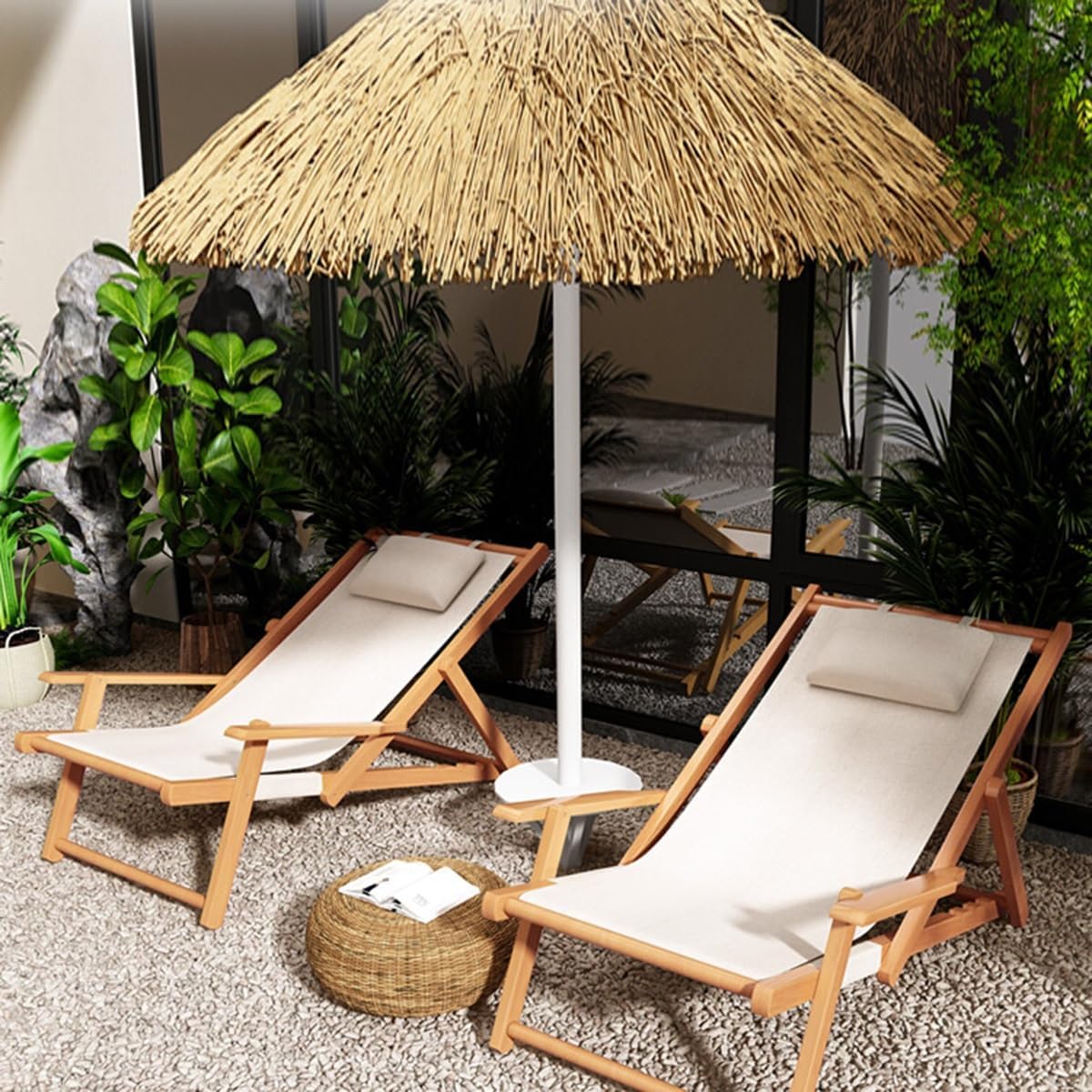 Outdoor Patio Foldable Sling Chairs – Adjustable Reclining Lounge Chairs with Headrest, Portable for Camping, Beach, Garden Relaxation(Color:/Black)