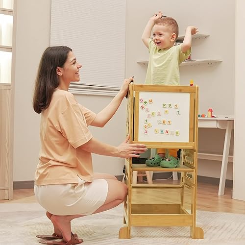 Miniatura 2 de TOETOL Taburete de cocina para niños con guardián de bambú para niños pequeños, torre ayudante de pie con altura ajustable con tablero de Linda