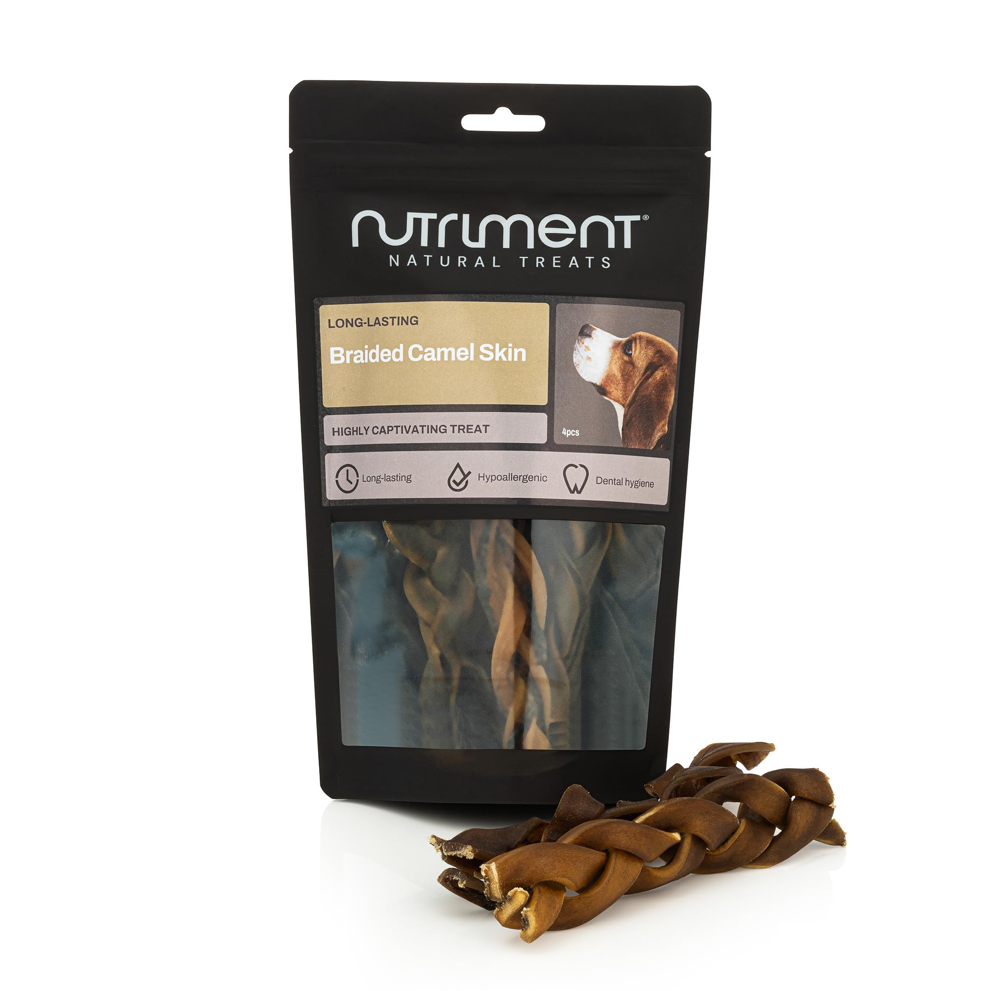 Natural Treats Braided Skin Camel for Dogs (4pcs) Hypoallergenic High Protein Low Fat Long-Lasting Chew Treats