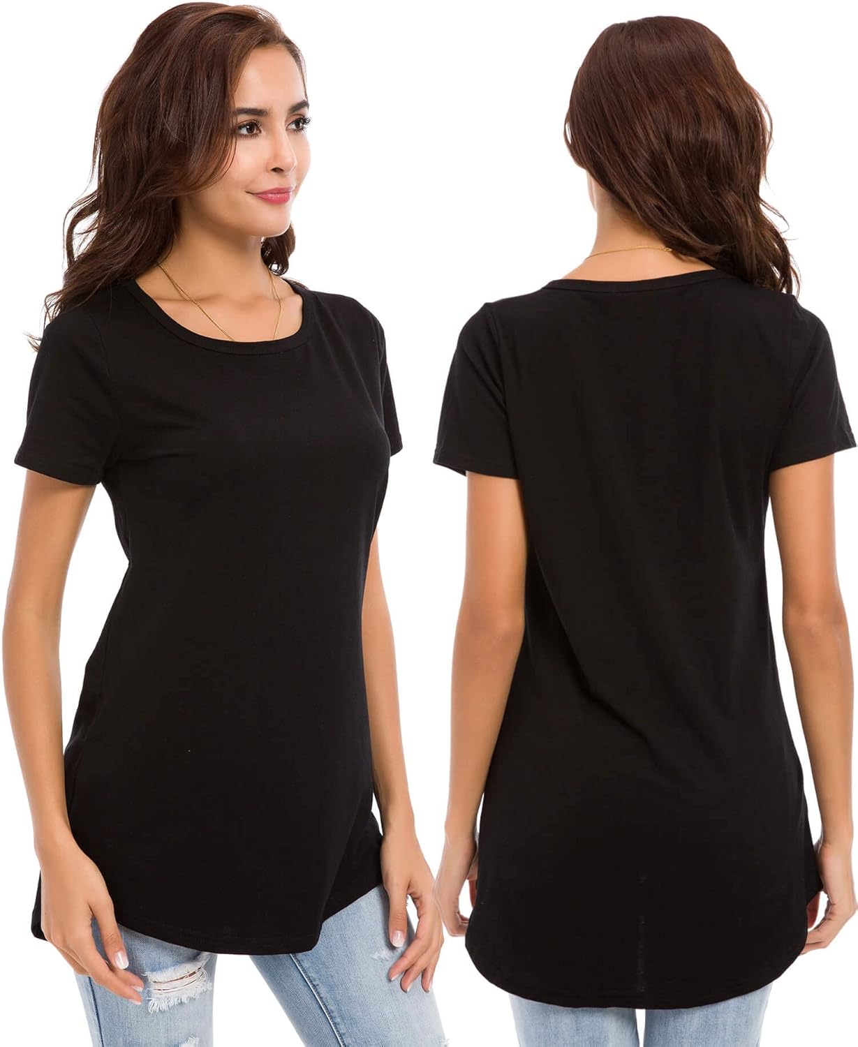 Women's Cotton Fitted Long Length T Shirts Short Sleeve Basic Comfy Tunic Tee Tops - Image 2