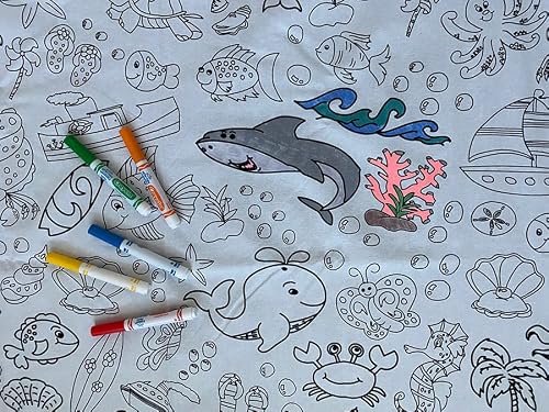 The Coloring Table – Oceantime Fun Design – Square Tablecloth - Fabric Coloring Tablecloth - Colorable Designs – Washable And Reusable – Coloring Activity For Children And Adults #TOP2