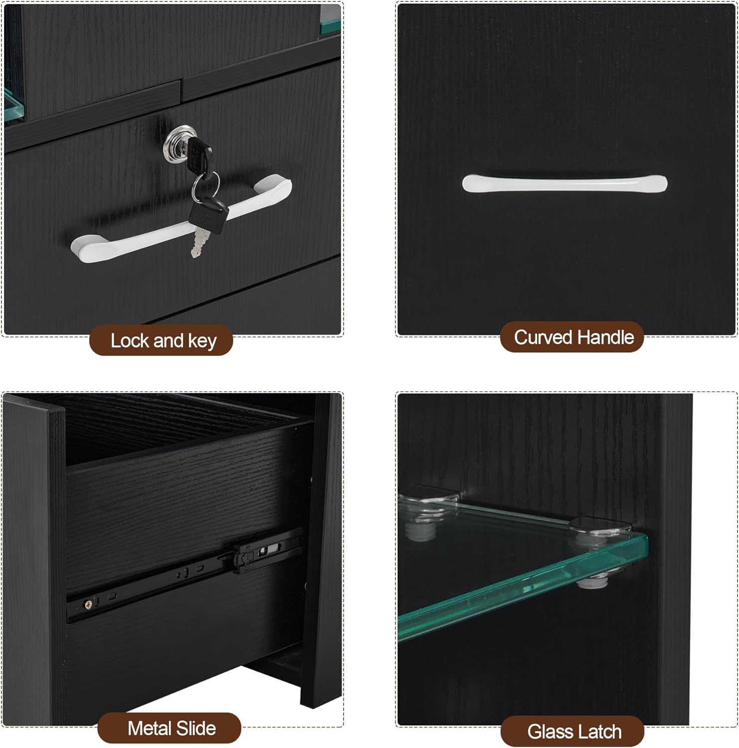 BarberPub Double Manicure Table for Storage, Beauty Nail Desk with Glass, Modern Nail Salon Makeup Station, Functional Manicure Workstation, Spa Equipment with Drawers & Shelves 2666 (Black)