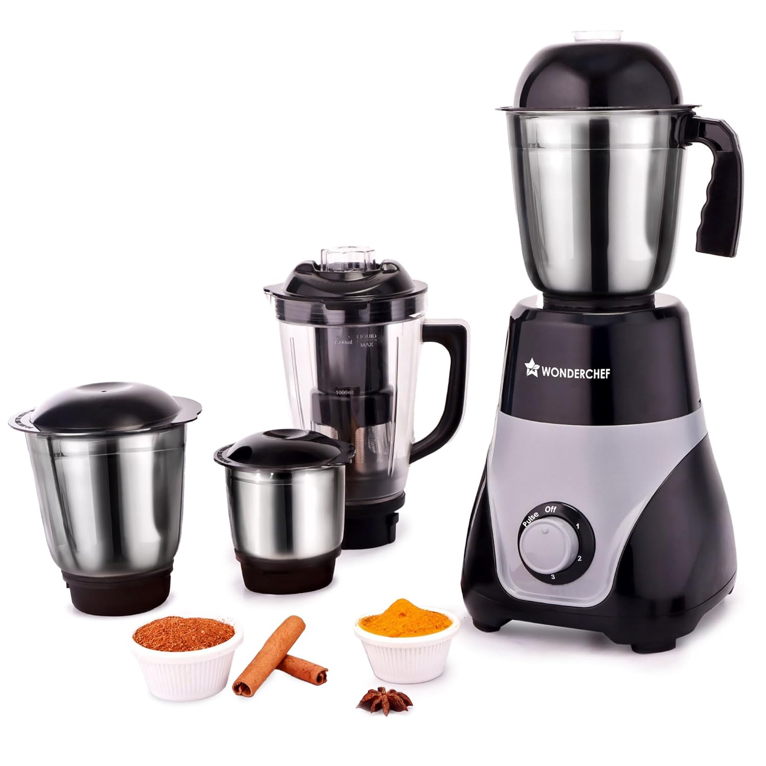 Wonderchef Vista Mixer Grinder | 4 Multi-purpose Jars | 750W | Sharp Stainless-steel Blades | For Masalas, Chutneys, Fresh Fruit Juices | 3-Speed Control | Advanced Safety Features | 2-Year Warranty