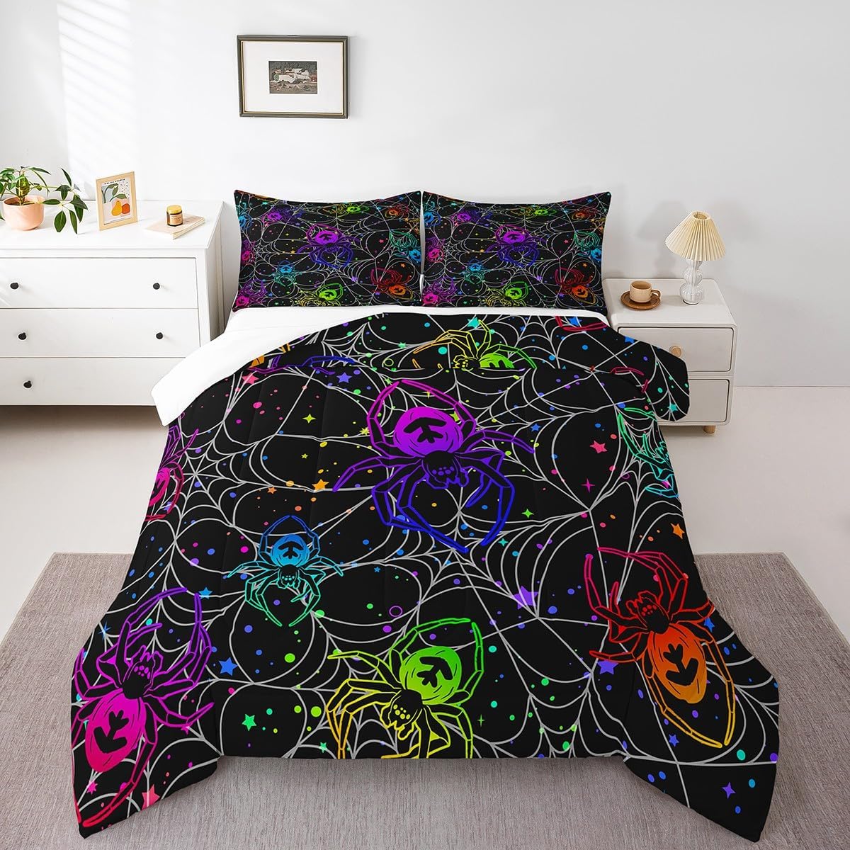 Feelyou Spider Decorations Comforter Set Queen Size Halloween Bedding Set Toddlers Teens Adults Colorful Spider Web Quilt Set Spiderwebs Glitter Soft and Lightweight Duvet Set
