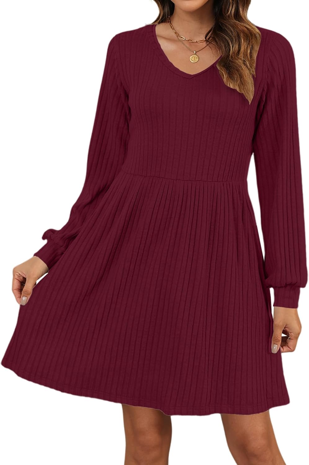 AUSELILY Womens Fall Dress 2025 Long Sleeve V Neck Short Dress Lightweight Casual Knit Sweater Dresses with Pockets - Image 2