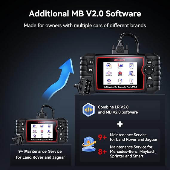 iCarsoft LR V2.0 Enhanced Ver Car Scan Tool for Land Rover/Jaguar and for Benz/Sprinter/Smart, All Systems in-Depth Diagnostic OBD2 Scanner Max 9 Service Battery Test 118 Live Data Fault Code Reader