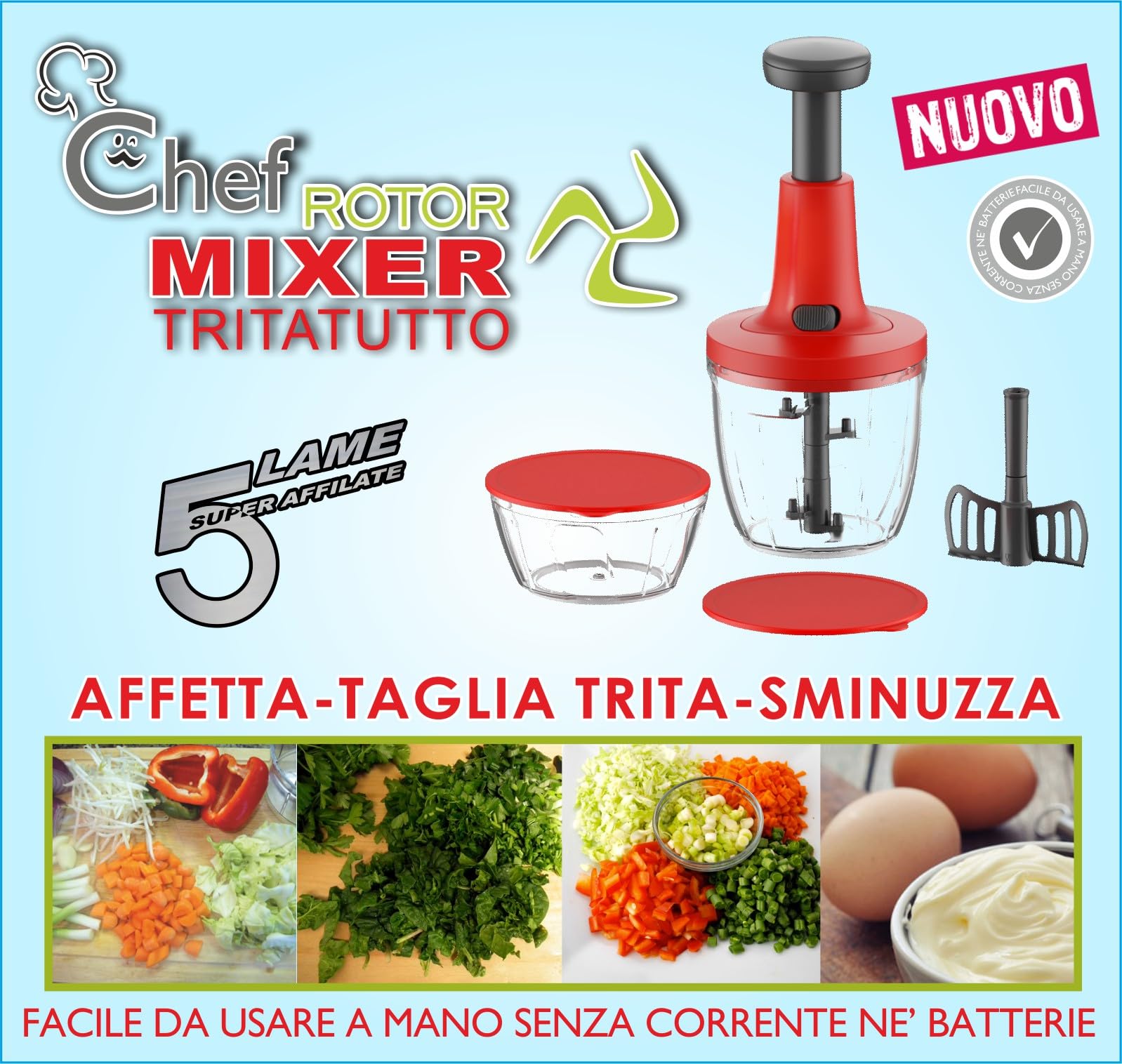 Meridiana CHEF ROTOR Mixer Tritatutto da Cucina, 5 Lame Acciaio Inox, Doppio Contenitore 900 ml + 400 ml, Bianco