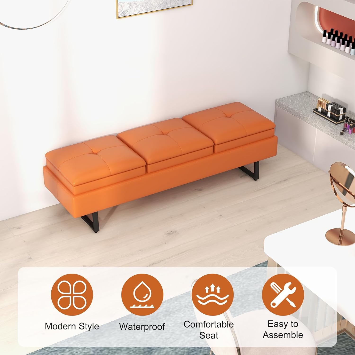 JSUN7 Leather Bench - Office Guest Reception Bench, 3 Seat Waiting Room Chairs with Cushion, Upholered Waiting Room Bench Seating, Office Furniture Lobby Chairs for Salon, Shop, Orange