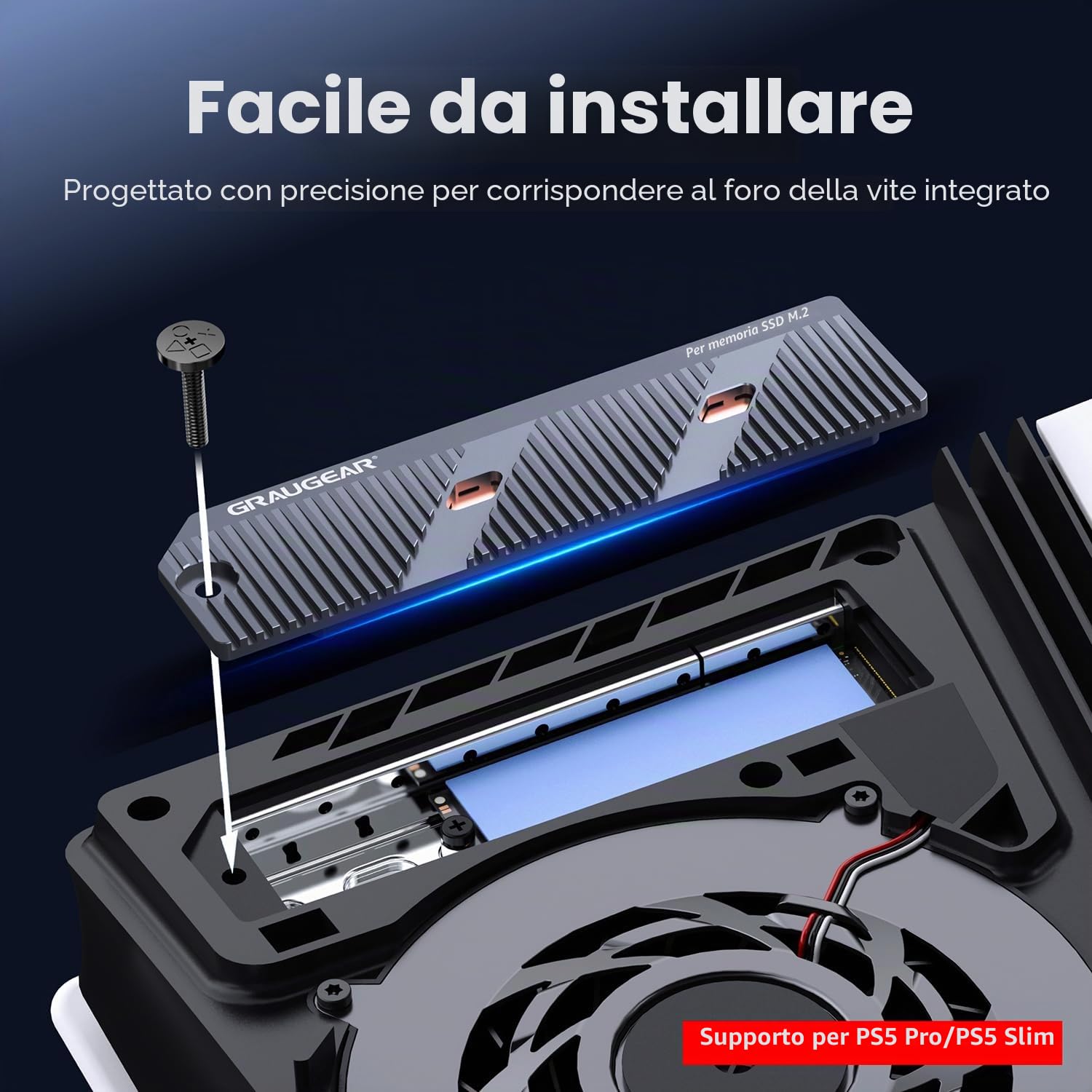 GRAUGEAR Dissipatore di calore SSD M.2 sottile PS5 Pro/PS5 con Heatpipe, Heatpipe in rame integrato e alette in alluminio per raffreddamento ad alta efficienza, compatibile con NVMe SSD Upgrade per