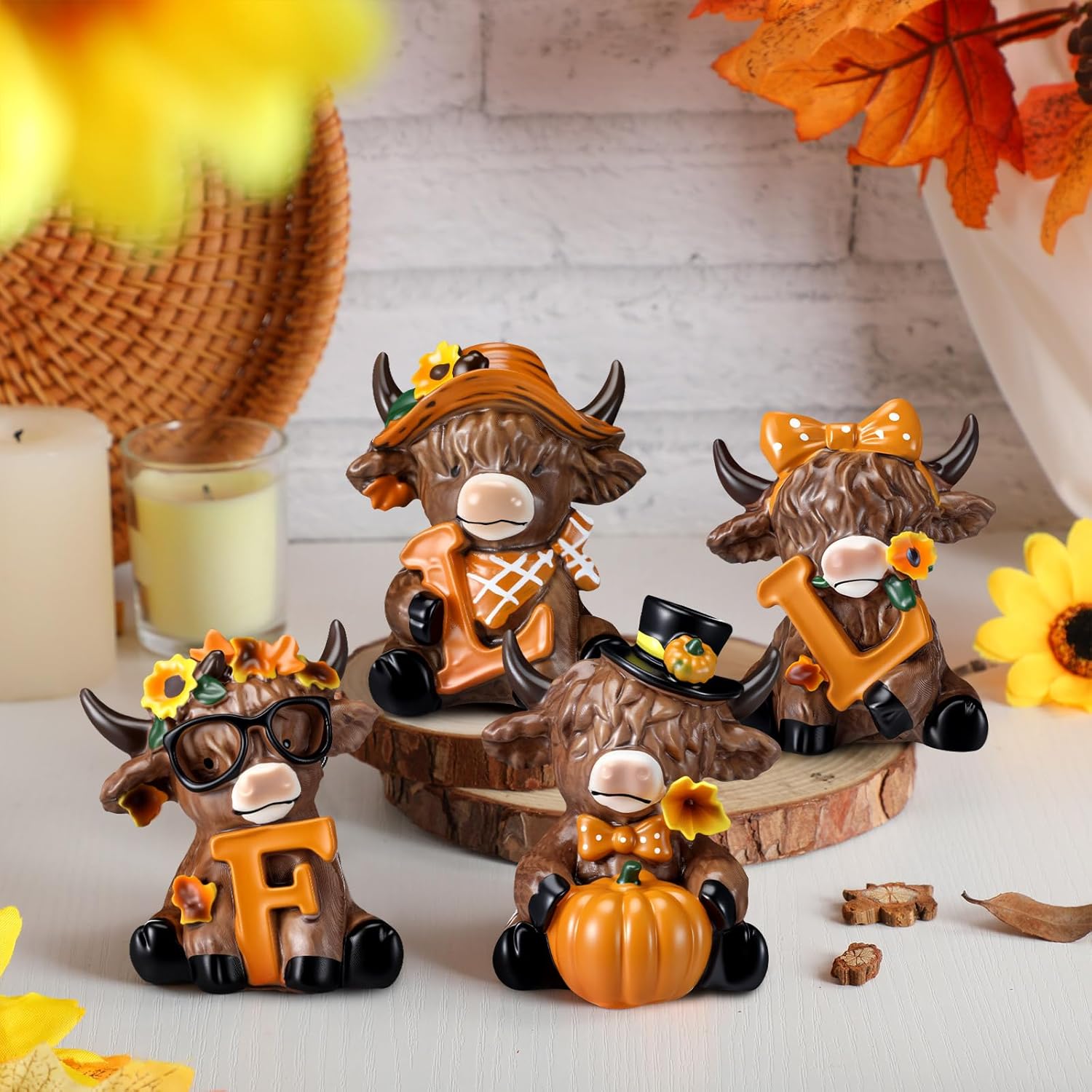 Sosation 4 Pcs Fall Highland Cow Figurines Autumn Pumpkin Highland Cow Gnomes Maple Leaf Scottish Resin Statue Calf Lovers Gifts for Thanksgiving Home Garden Kitchen Office Tiered Tray Table Decor