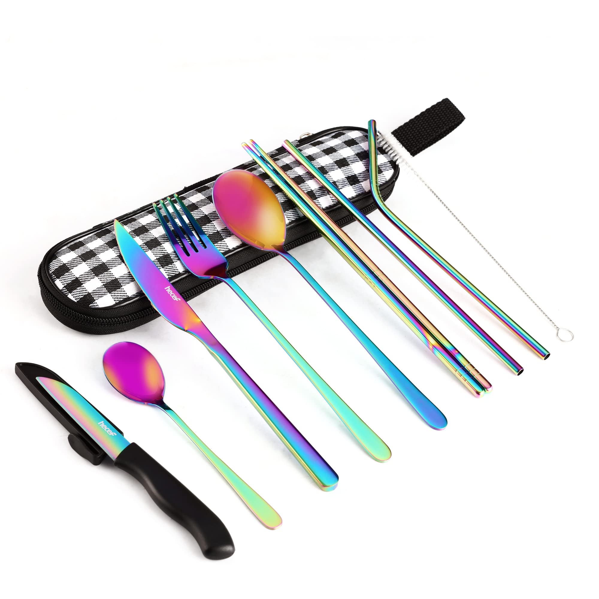 hecef11 PCS Black Titanium Plating Travel Cutlery Set with Compact Carrying Case & Mesh Bag, Reusable Stainless Steel Utensils, Handy Flatware Set for Work, School, Camping and Travel (Silver)