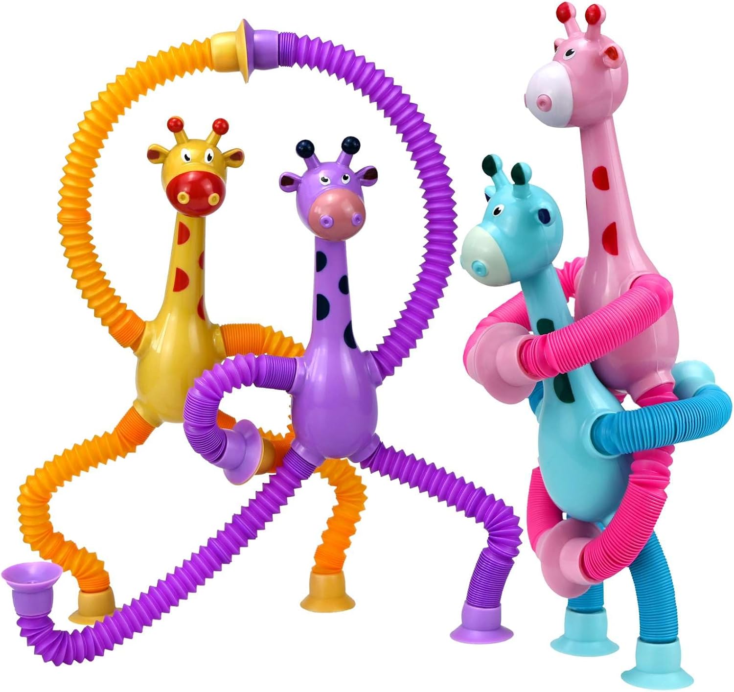 Giraffe Sensory Pop Tubes, 4 Pack Telescopic Suction Cup Giraffe Toy, Toddler Autism Fidget Travel Toys, Gifts for Kids Baby Age 3 4 5 6 7 8 9 Year Old Boys Girls