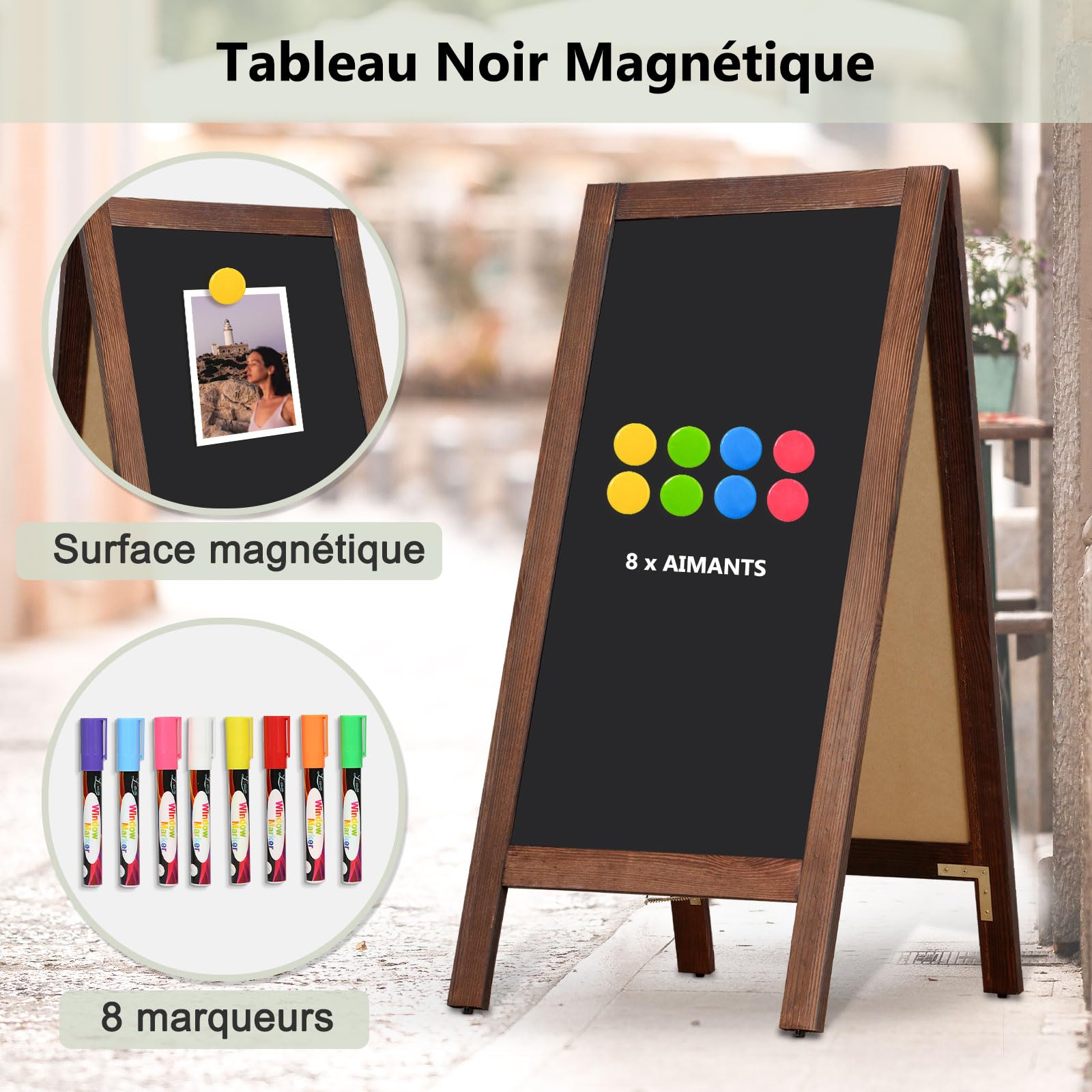 DOLLAR BOSS panneau publicitaire extérieur 48x100cm chevalet stop trottoir | tableau noir magnétique, tableau à craies double face avec cadre en bois pour restaurant, café, bar, mariage, marron