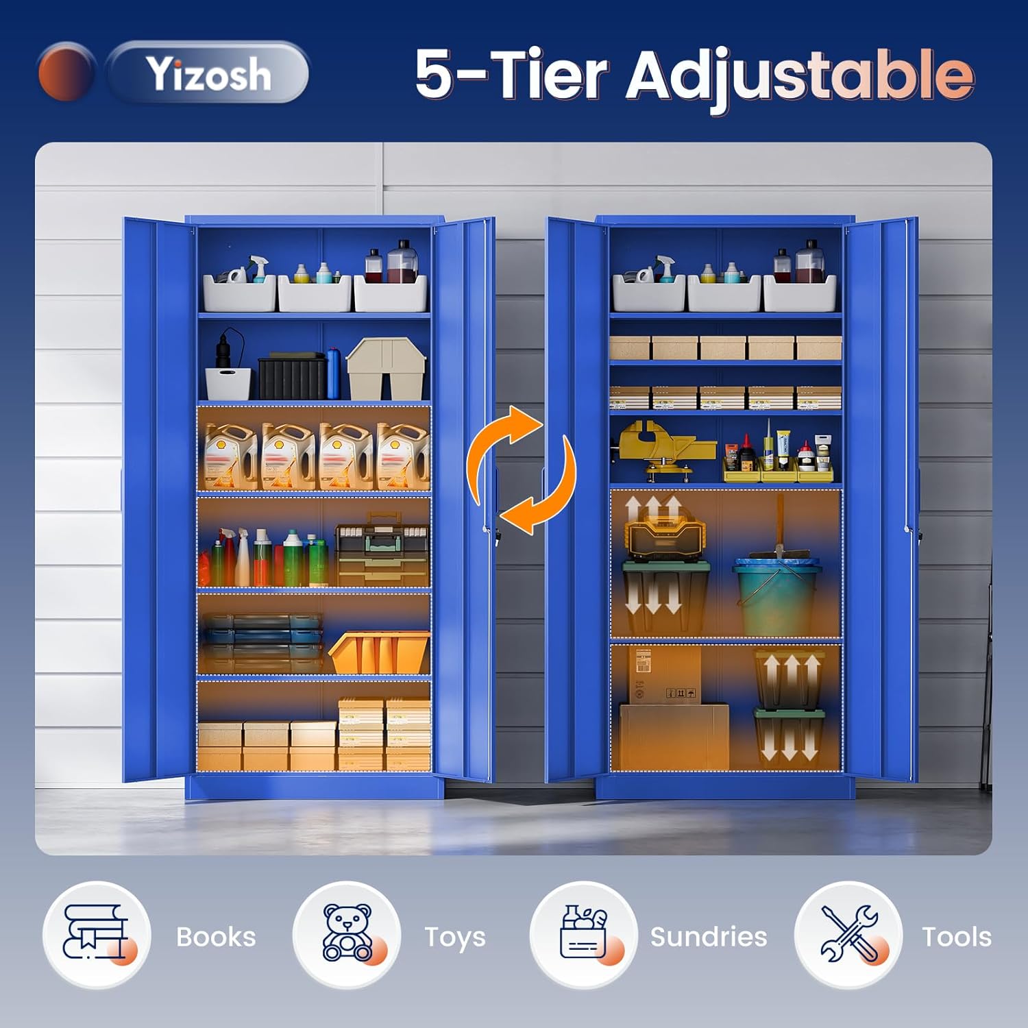 Yizosh Metal Garage Storage Cabinet with 2 Doors and 5 Adjustable Shelves - 71" Steel Lockable File Cabinet,Locking Tool Cabinets for Office,Home,Garage,Gym,School (Blue)