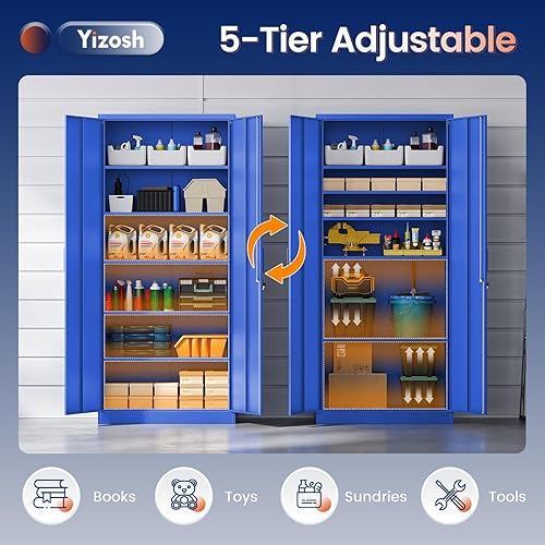 Miniatura 29 de Yizosh Armario de almacenamiento de metal para garaje con 2 puertas y 5 estantes ajustables, gabinete de archivo de acero con cerradura de 71 Negro