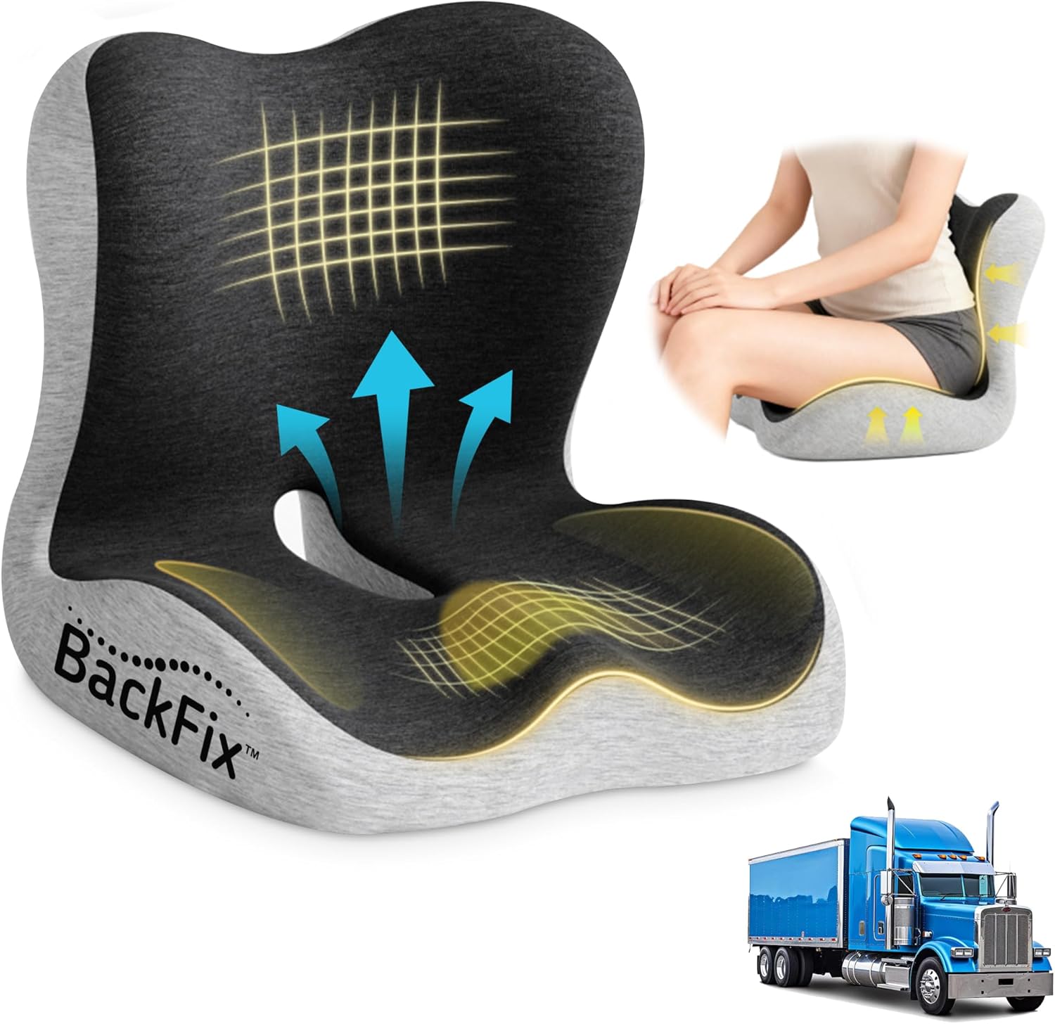 BackFix Extra High Back Memory Foam Combo Seat Cushion- Lumbar Cushion for Office/Car/Truck Driver Seat. Cooling Cover. Doctor Designed Pressure Relief Tailbone, Sciatica, Hip Pillow, Black