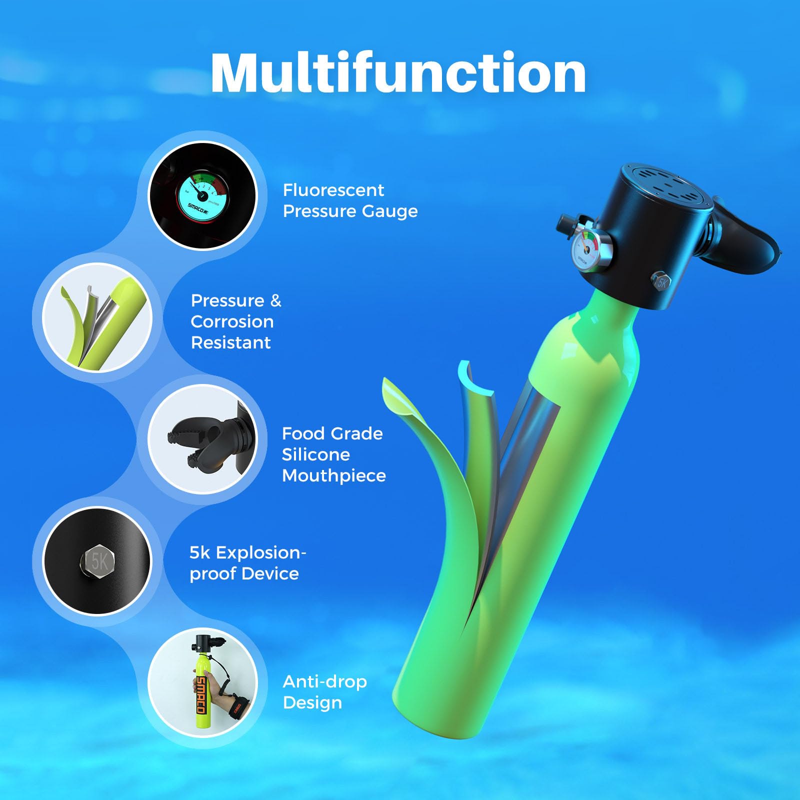 SMACO S300 Mini Tauchflasche 0,5L Sauerstoffflasche Tauchen Klein Taucherflasche für Unterwasseratmung Tragbare Tauchen Sauerstofftank Lung Air Tank für Notfallrettung Bootsreinigung