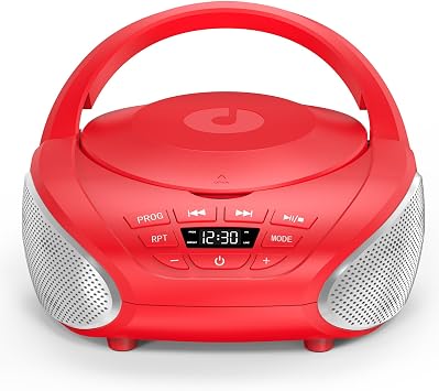 Gueray Portable CD Player Boombox Compact CD Boombox with Stereo Speakers FM Radio 3.5mm AUX Input and Headphone Jack LCD Display for Indoors, Outdoors, Travel & AudiobooksRed+Silver