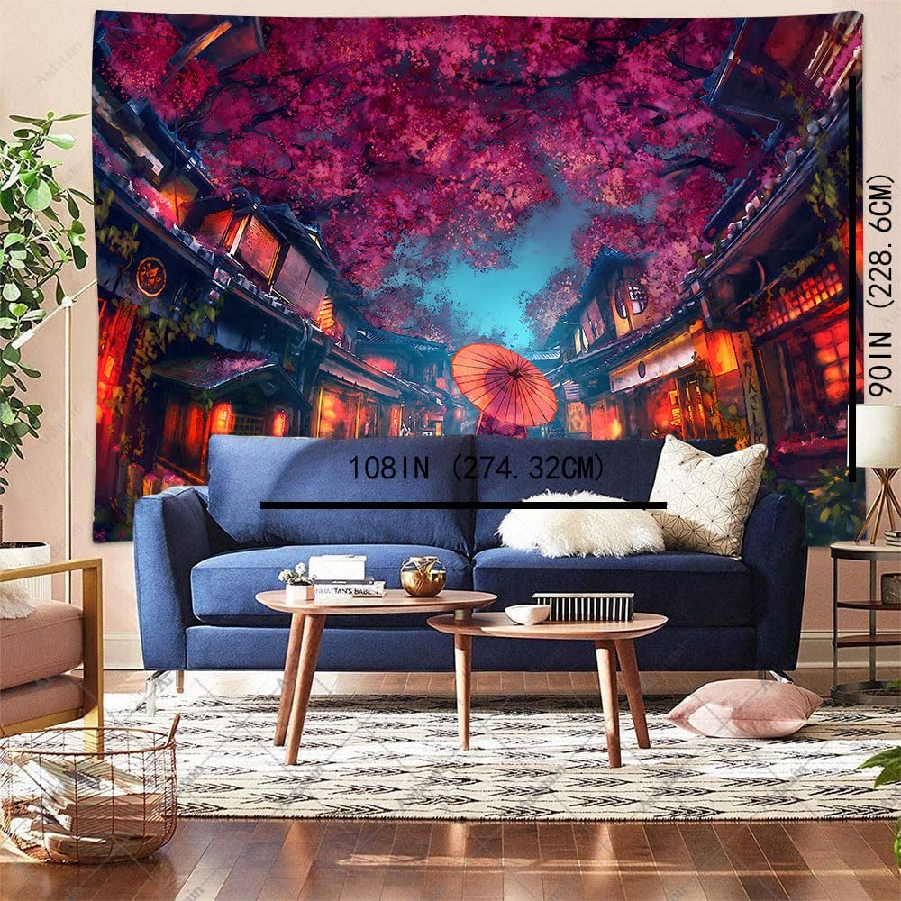 Aidatain Japanese Anime Tapestry Ancient Japanese Night Street Landscape Tapestry, Cherry Blossom Lantern Tapestry Large 108" L x 90" W Flannel Art Tapestries, For Living Room Bedroom Dorm GTDWAT294