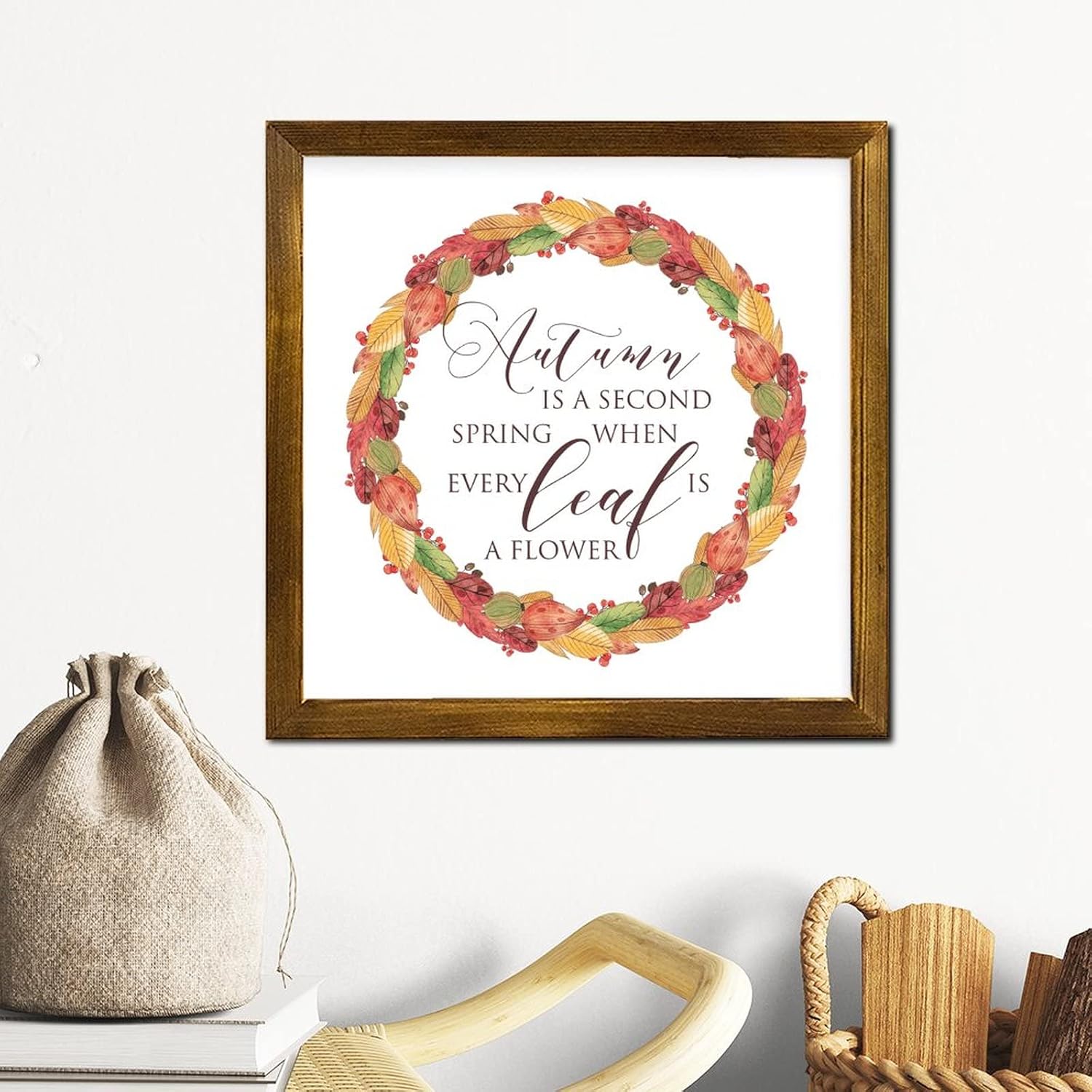 Autumn is A Second Spring Wood Framed Sign Fall Maple Leaves Wreath Welcome Sign Vintage Harvest Thanksgiving Wall Decor Farmhouse Rustic Wooden for Home Office Kitchen Bathroom Bedroom 12x12 inch
