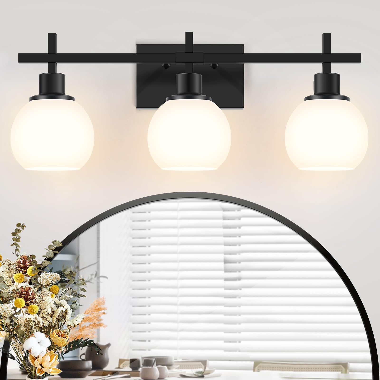 Dpyrrhic Modern Vanity Lighting Fixtures,3-Light Black Bathroom Lighting Fixtures Over Mirror?Bathroom Wall Mounted Vanity Light with Milky White Glass Lampshade for Living Room?Bedroom?Hallway