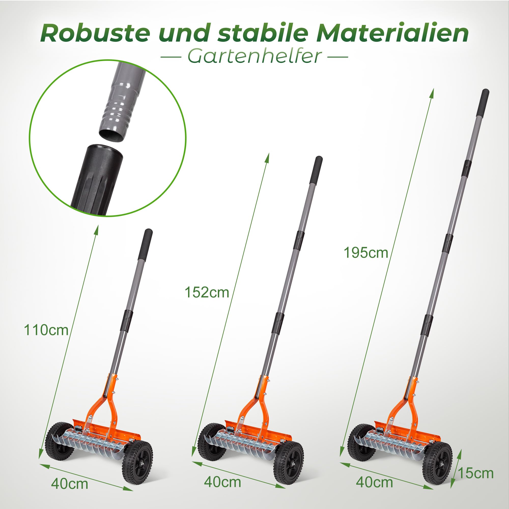 Walensee Vertikutierer Rasenrechen mit Rädern, Rasenlüfter & Entfilzungsrechen mit Verstellbarem Stiel, Edelstahl Dethatcher für Moos, Rasenfilz, Laub & Gartenabfälle | 40 cm Rechenkopf, 190 cm verstellbarer Griff und einteilige 2 mm Edelstahlklinge für S