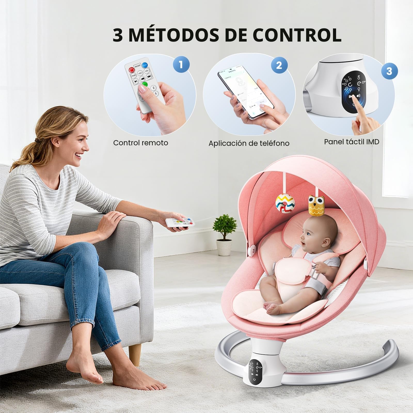 Hamacas Bebé Electrica - APP & Control Remoto Baby Bouncer, Hamaca Bebe Acolchado Suave con 3 Temporizadores, 5 Velocidades de Columpio, 10 Músicas, Mecedora Bebe Bluetooth (APP Rosa)