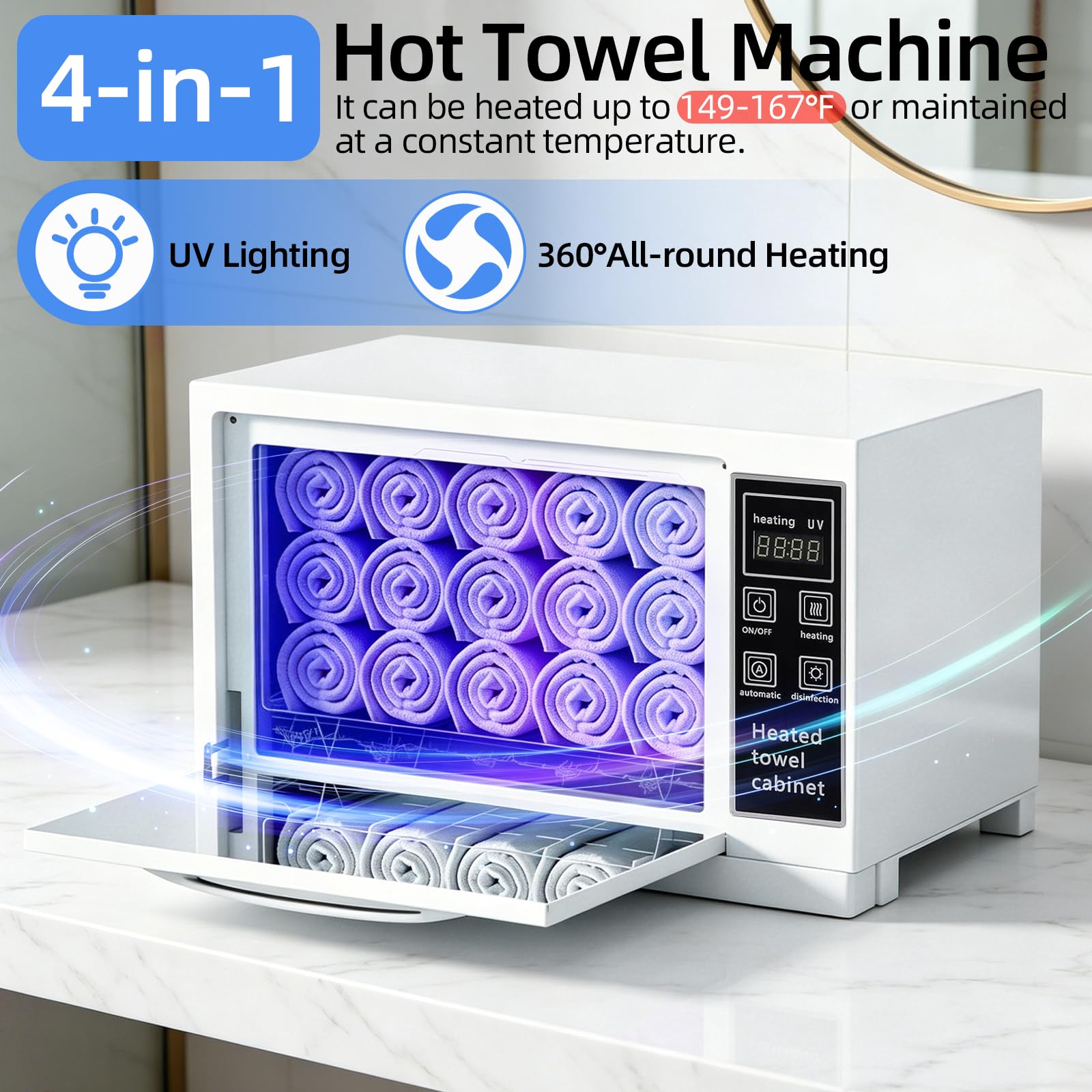 10L Handtuchwärmer, Hot Towel Warmer Cabinet mit Touchscreen, Digitalanzeige, UV Sterilisation, 4-in-1 Funktion Handtuchwärmegerät Elektrisch 167℉ für Gesichtspflege, Spa, Salon & Home Use
