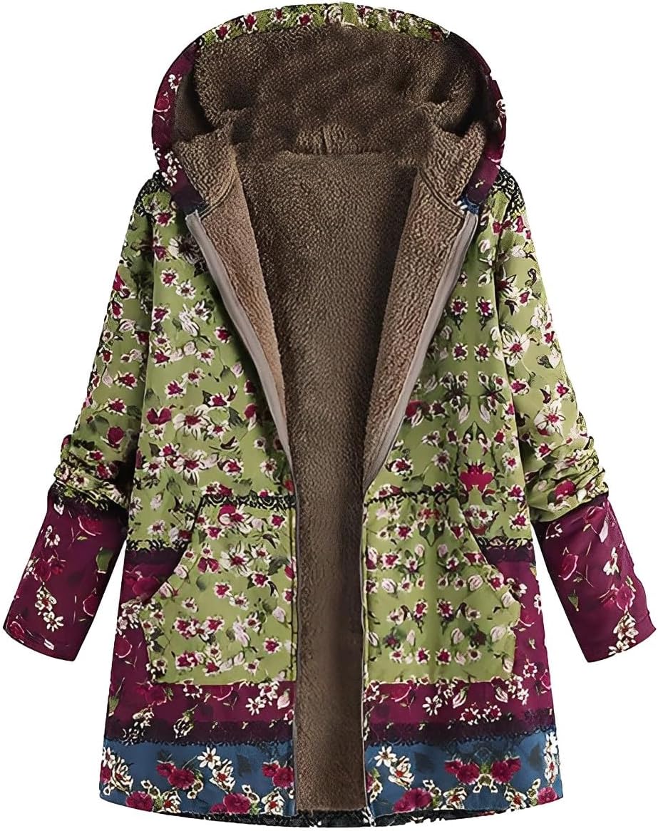 Akivide Women's Winter Ethnic Style Patchwork Sherpa Fleece Lined Hooded Jacket Plus Size Fluffy Warm Outwear with Pockets