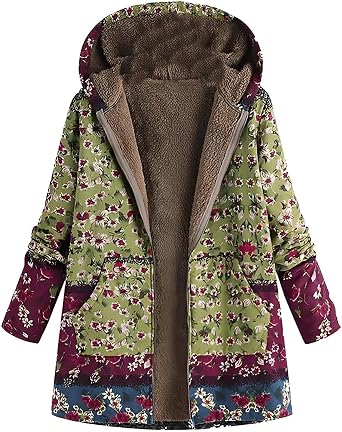 Akivide Women's Winter Ethnic Style Patchwork Sherpa Fleece Lined Hooded Jacket Plus Size Fluffy Warm Outwear with Pockets