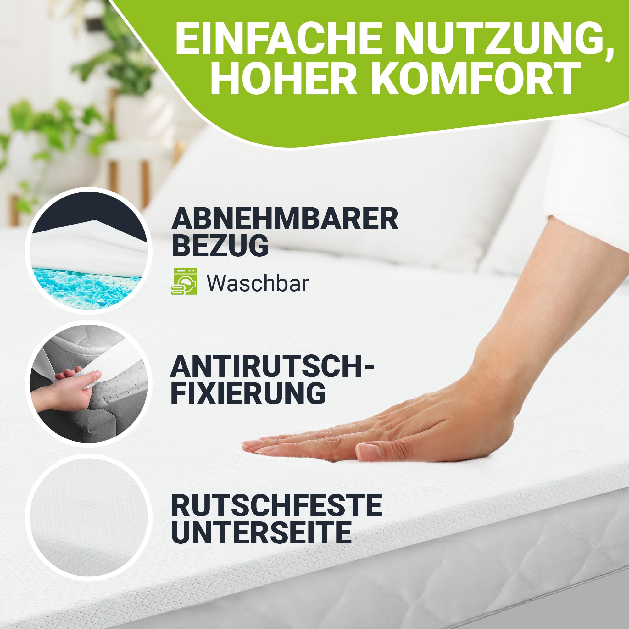 Juskys Topper 90x200 cm aus Memoryschaum, 7-Zonen orthopädisch & atmungsaktiv, 7cm Höhe, H2 - H3, Bezug waschbar Matratzentopper Matratzenauflage White