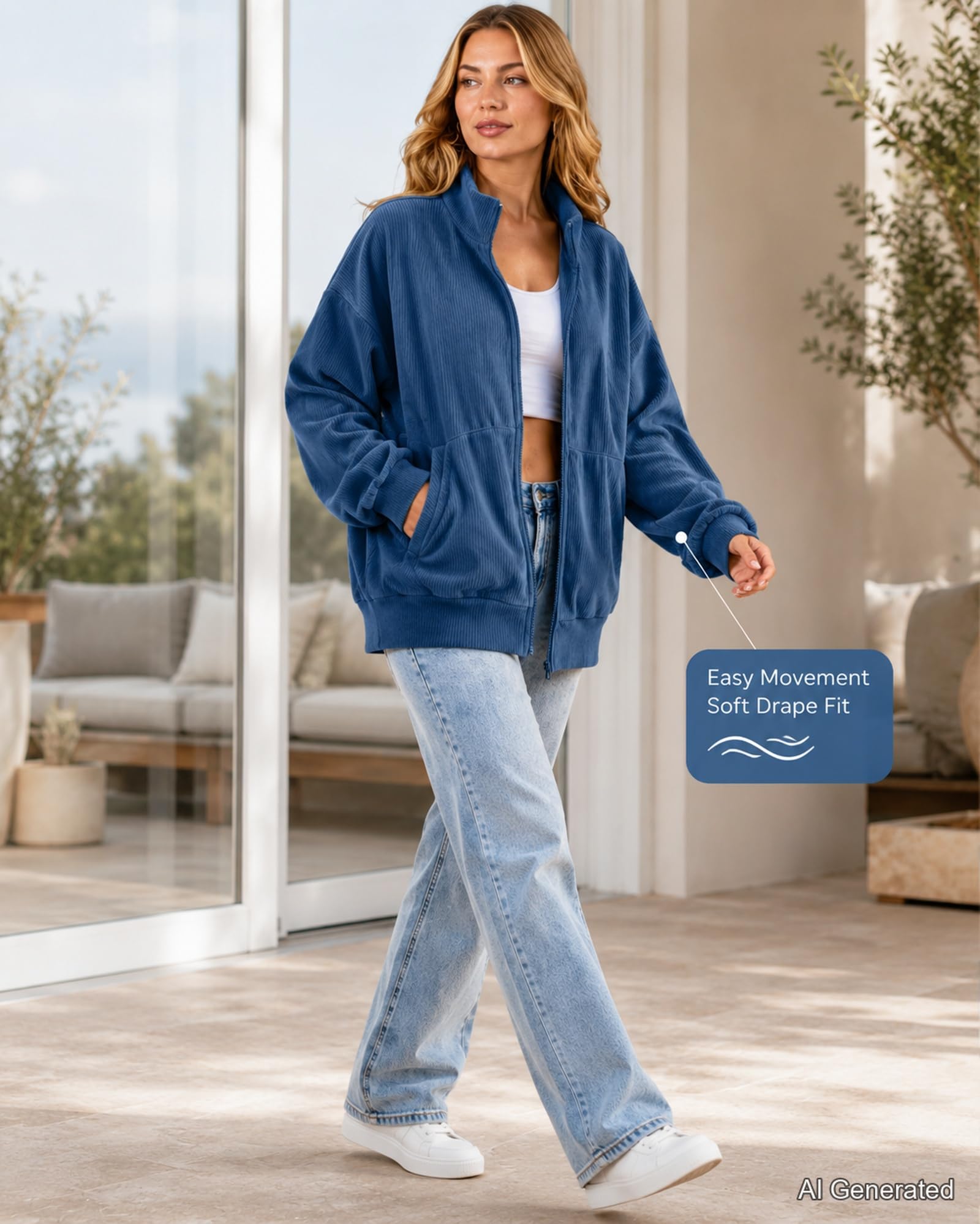Oversized Jacket For Women Full Zip Stand Collar Long Sleeve With Pockets