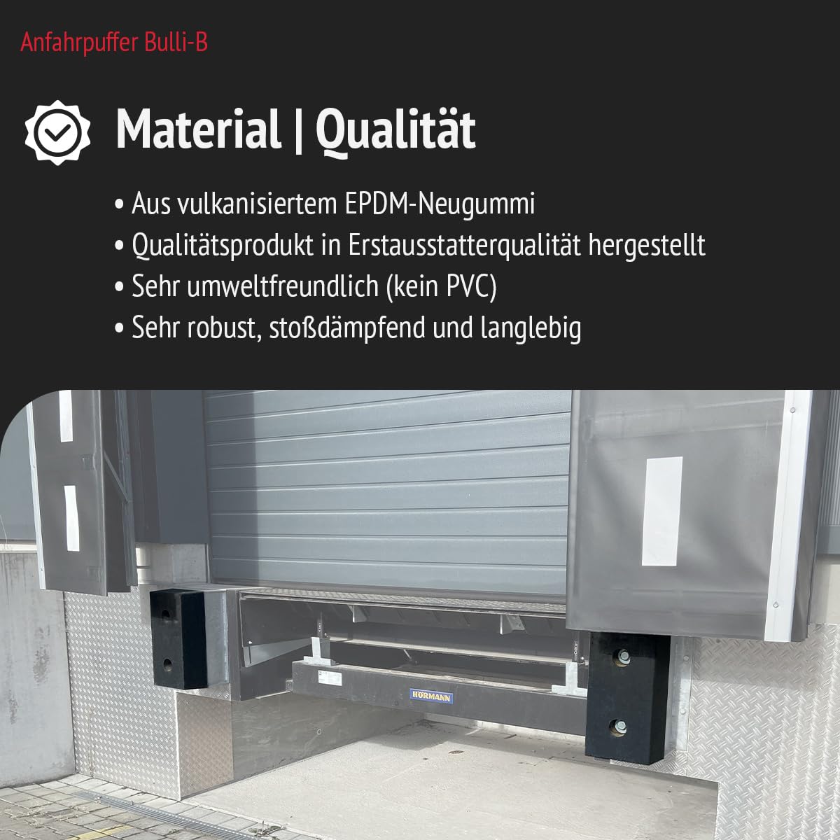 Anfahrpuffer Bulli-B 140 | 500x250x140mm Gummipuffer für Rampen und Standard-Überladebrücken. Schützt LKWs, Wechselbrücken und Gebäude | Lochabstand: 250mm; Lochdurchmesser: 62mm