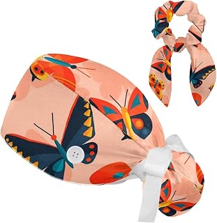 FVQL 2 Pieces Surgical Cap for Long Hair Scrub Cap with Hairband Nurse Cap, Colorful Pattern Butterfly