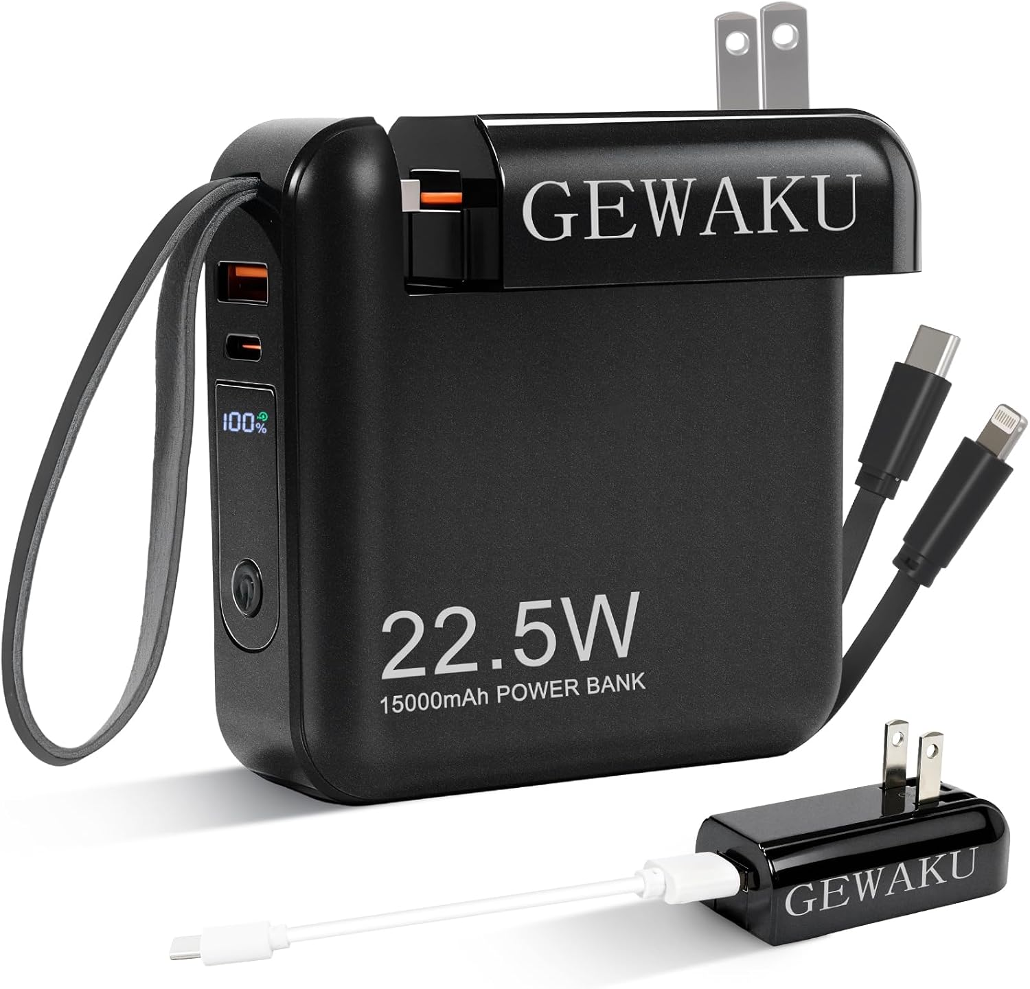 Portable Charger with Wall Plug 15000mAh Power Bank 22.5W Fast Charging Built-in Cables, 3-in-1 Compact USB-C Battery Pack Travel Essentials for iPhone 17,iPad, Android, Samsung (Black)