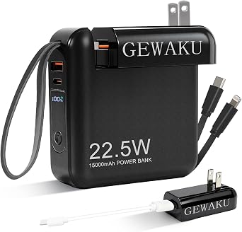 Detachable Wall Plug Portable Charger 15000mAh Power Bank 22.5W | Fast Charging Built-in Cables, 3-in-1 Compact USB-C Battery Pack Travel Essentials for iPhone 17,iPad, Android, Samsung