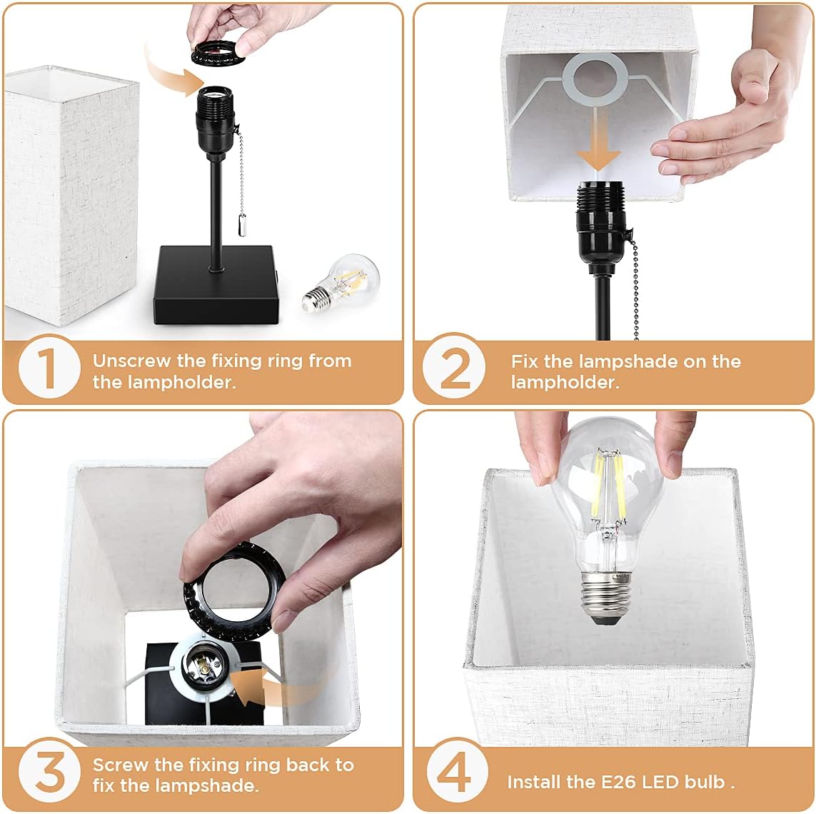 Bedside Table Lamp - Minimalist Nightstand Lamps with 2 USB Charing Ports, Lamps for Bedrooms,Living Room,Office,Fabric Linen Lamp Shade,Modern Desk Lamp with Black Metal Base and Chain Switch