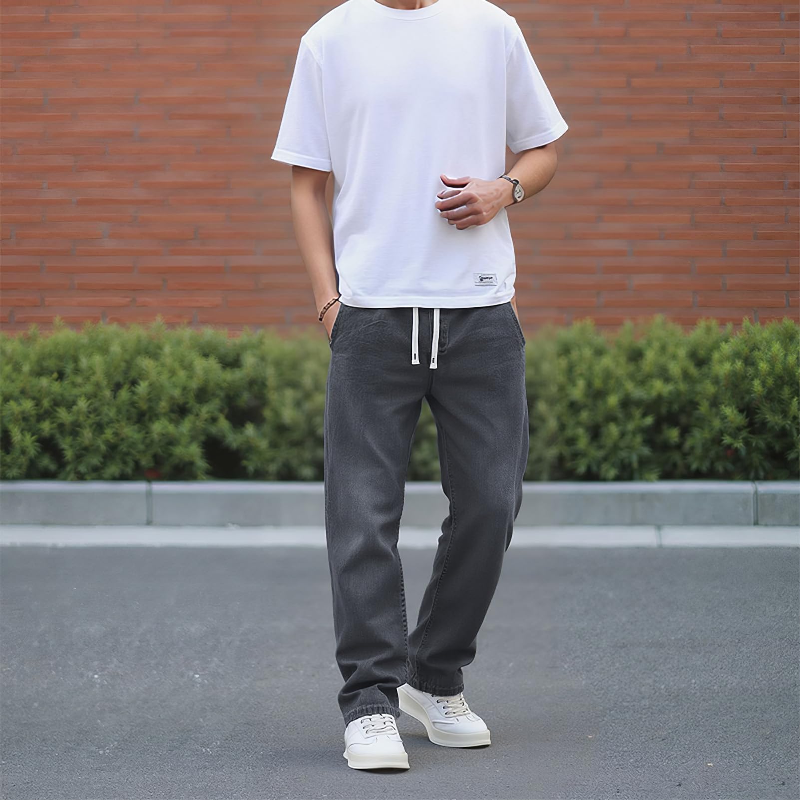 Homme Été Jean en Lyocell Fin et Léger Pantalon en Denim à Taille Élastique et Coupe Droite avec Cordon de Serrage