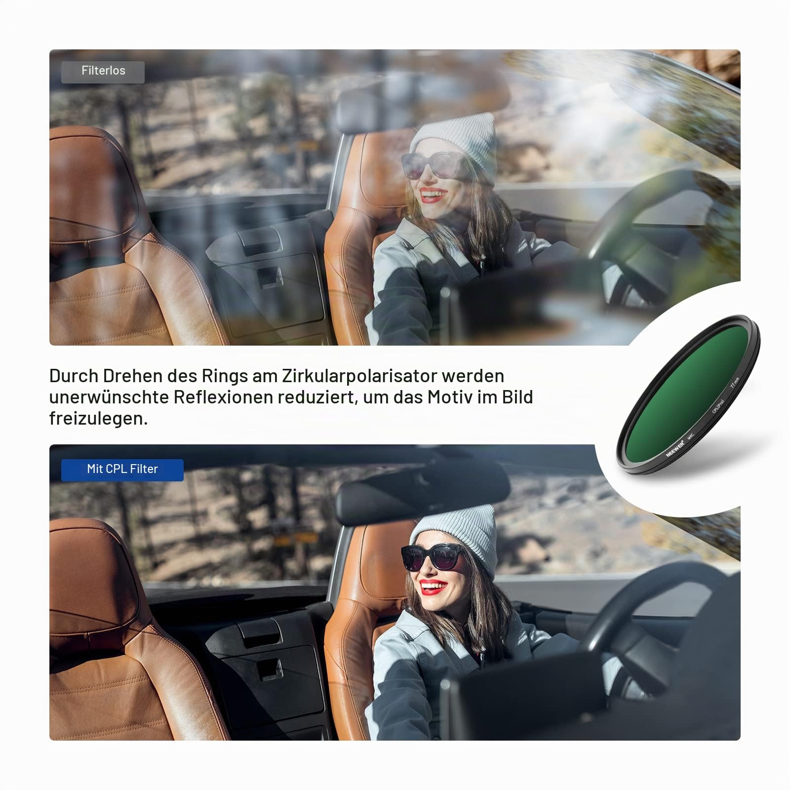 NEEWER 77mm Polarisationsfilter(Polfilter),CPL Filter mit 30 lagiger Mehrschicht Polarisationsfolie,Blendung reduzieren/Kontrast verbessern/Ultra dünn/Reflexion reduziert/HD optisch Glas